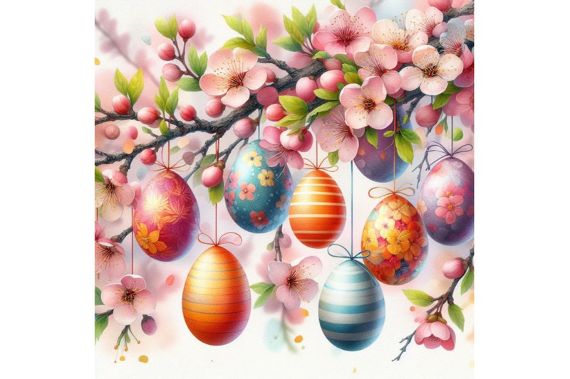 4-watercolor-easter-eggs-hanging-on-plum-branch-colorful-background