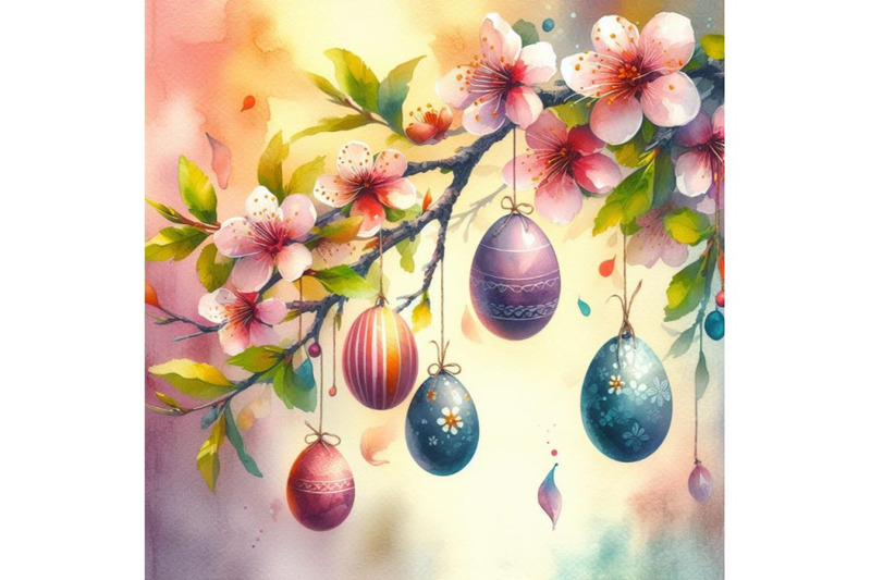 4-watercolor-easter-eggs-hanging-on-plum-branch-colorful-background