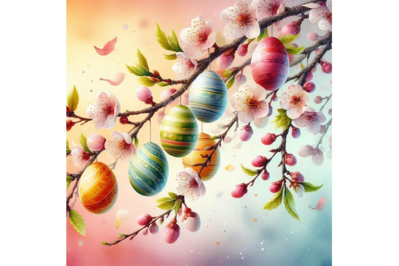 4-watercolor-easter-eggs-hanging-on-plum-branch-colorful-background