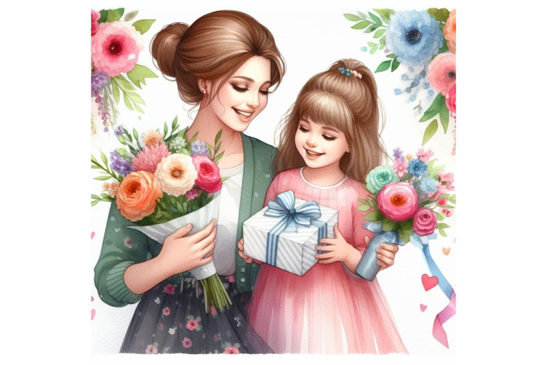 4-watercolor-little-kid-daughter-giving-mom-receiving-gift-box-and-flo