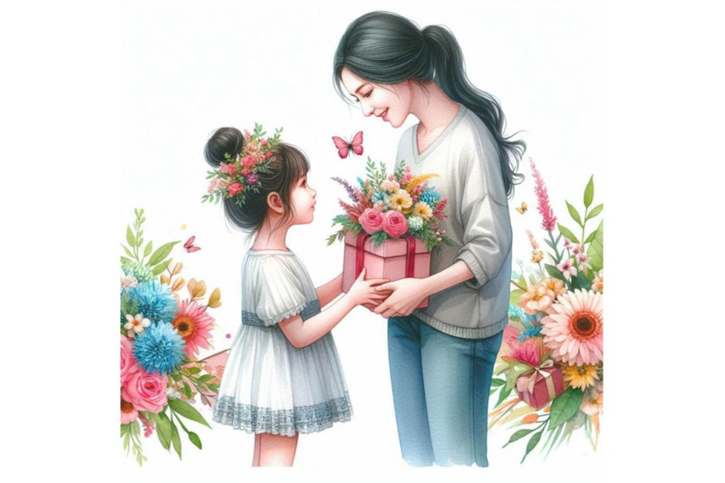 4-watercolor-little-kid-daughter-giving-mom-receiving-gift-box-and-flo