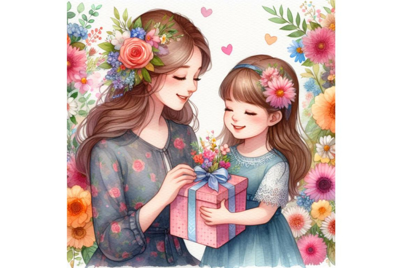 4-watercolor-little-kid-daughter-giving-mom-receiving-gift-box-and-flo