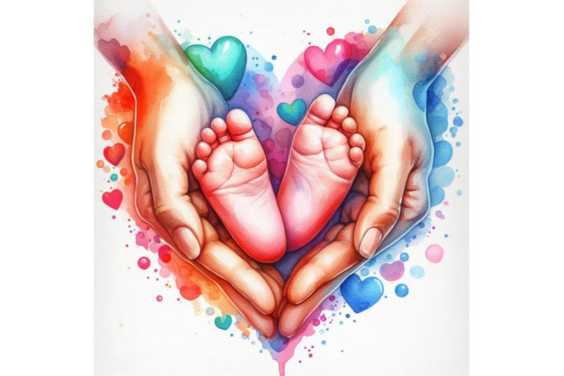 4-watercolor-baby-feet-in-mother-hands-hearth-shape-colorful-backgro