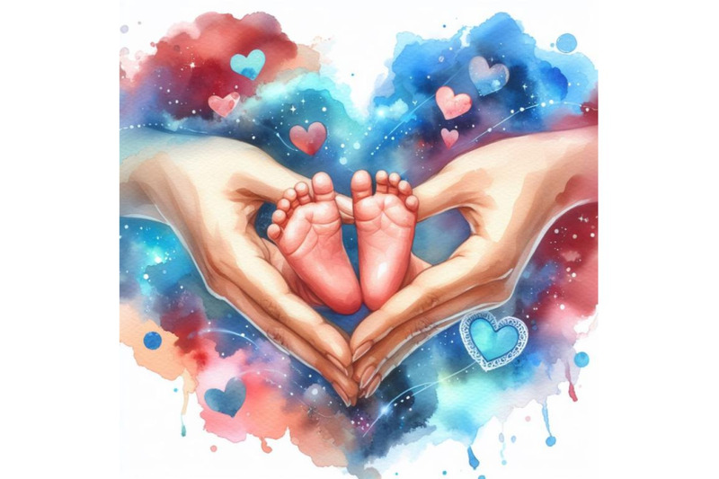 4-watercolor-baby-feet-in-mother-hands-hearth-shape-colorful-backgro