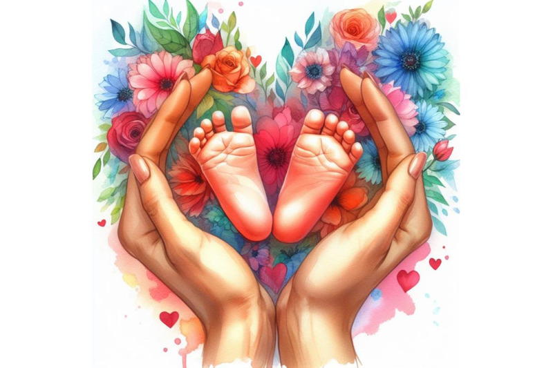 4-watercolor-baby-feet-in-mother-hands-hearth-shape-colorful-backgro