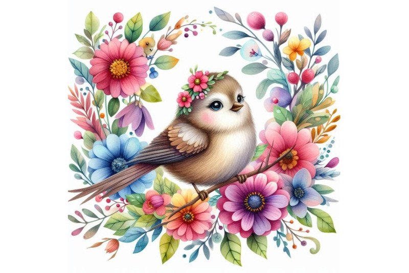 4-watercolor-illustration-of-cute-bird-decorated-with-flowers-colorfu