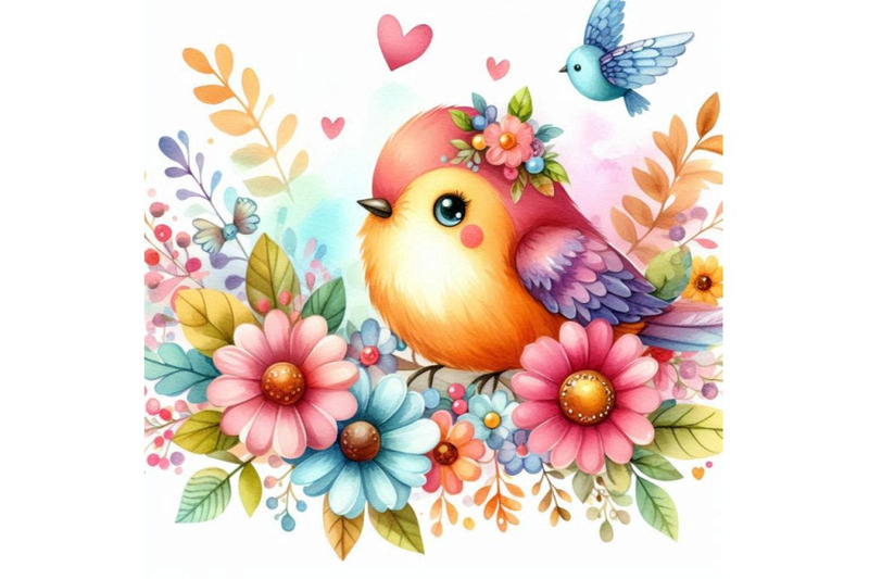 4-watercolor-illustration-of-cute-bird-decorated-with-flowers-colorfu