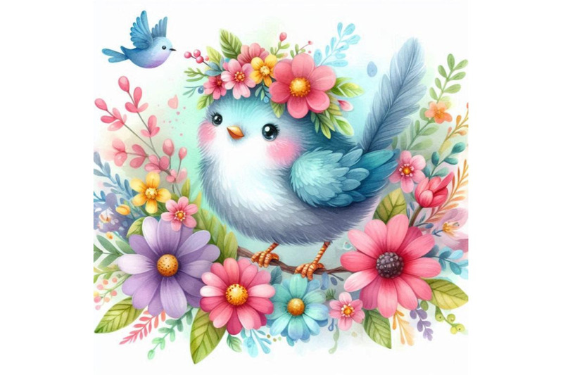 4-watercolor-illustration-of-cute-bird-decorated-with-flowers-colorfu