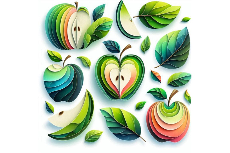 4-watercolor-illustration-of-vector-paper-cut-green-apple-fruit-cut-s