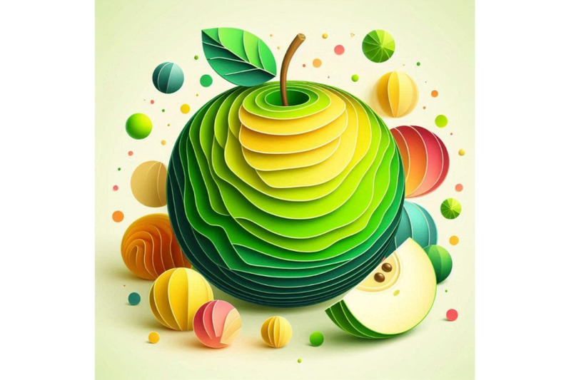 4-watercolor-illustration-of-vector-paper-cut-green-apple-fruit-cut-s