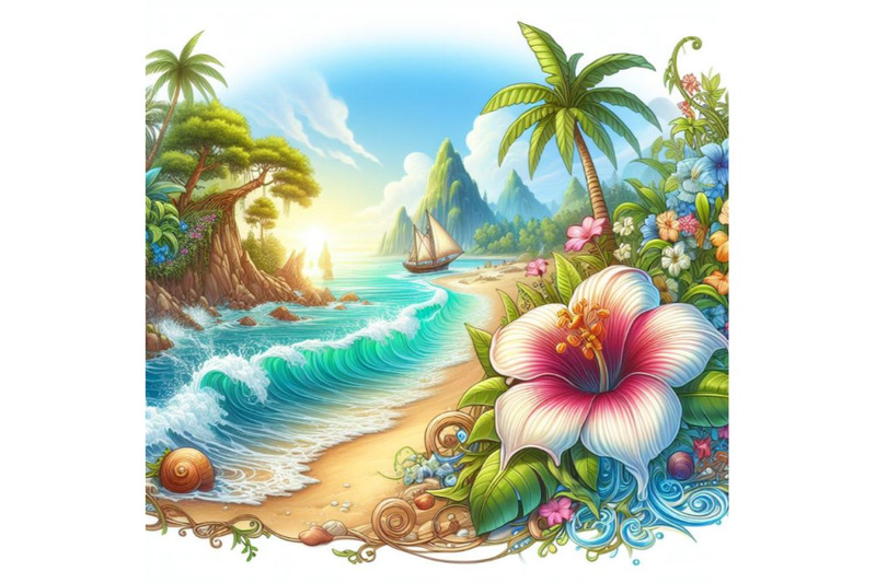 4-illustration-of-beautiful-beach-with-fantasy-flower-on-white-backgr