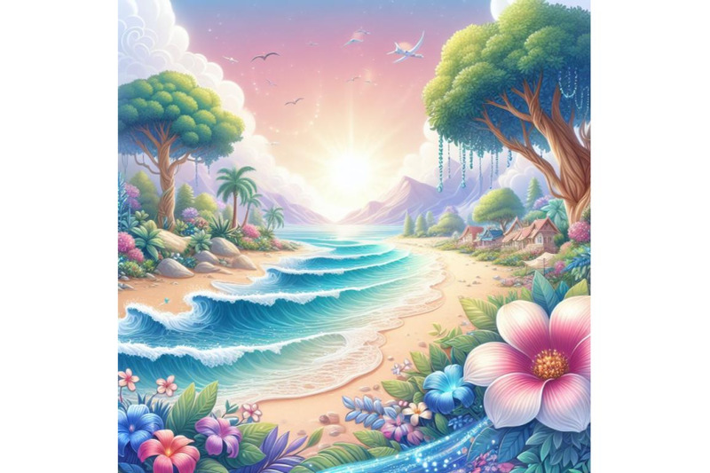 4-illustration-of-beautiful-beach-with-fantasy-flower-on-white-backgr