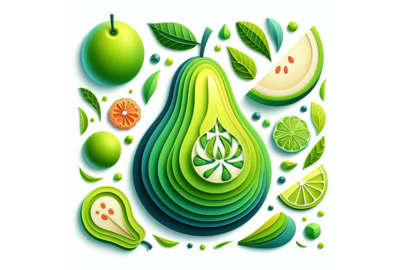 4-watercolor-illustration-of-vector-paper-cut-green-pear-fruit-cut-sh