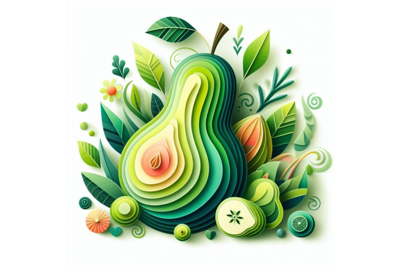 4-watercolor-illustration-of-vector-paper-cut-green-pear-fruit-cut-sh