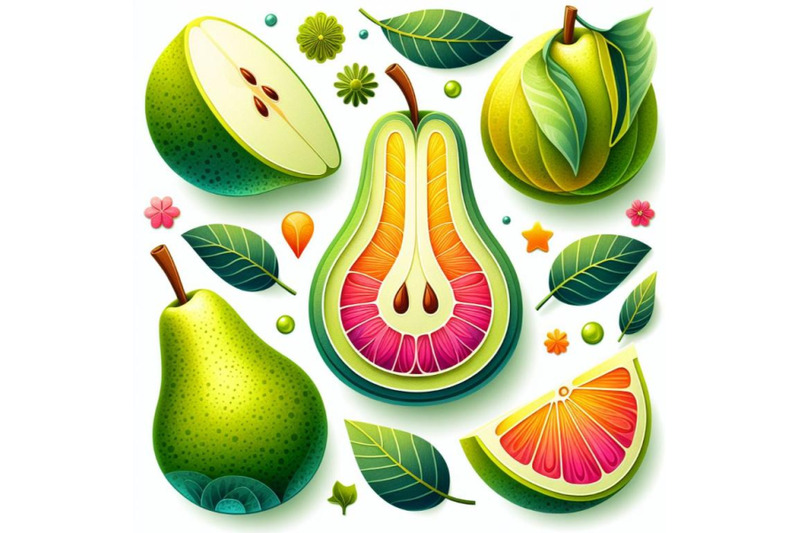 4-watercolor-illustration-of-vector-paper-cut-green-pear-fruit-cut-sh