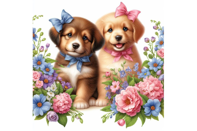 4-two-puppies-and-beautiful-flowers