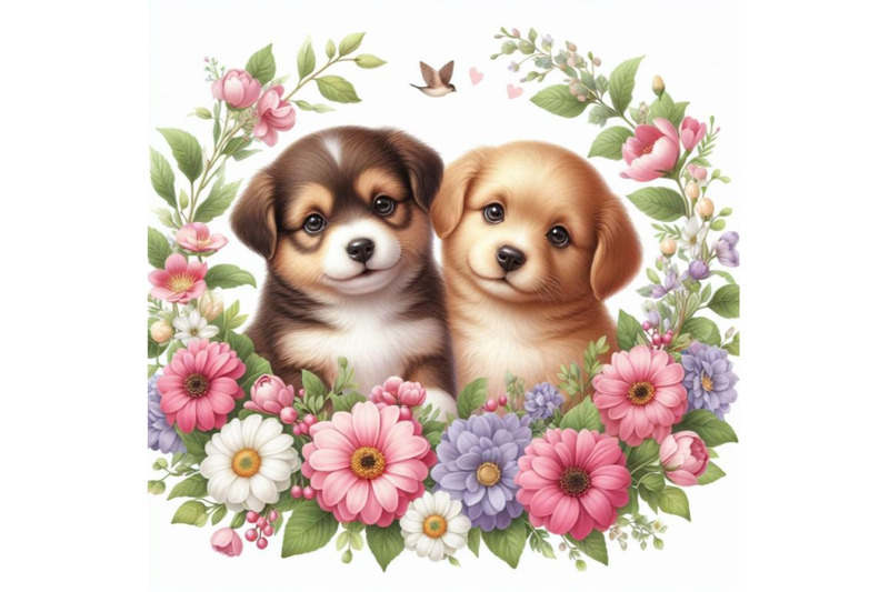 4-two-puppies-and-beautiful-flowers