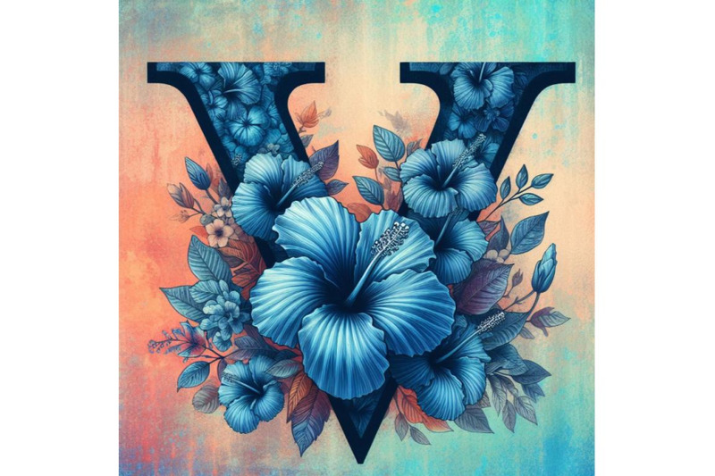 4-blue-hibiscus-grunge-vintage-alphabet-v