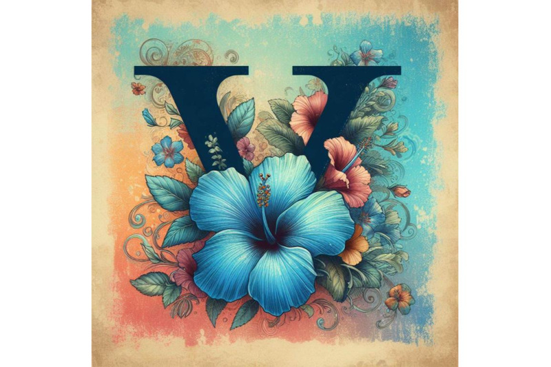 4-blue-hibiscus-grunge-vintage-alphabet-v