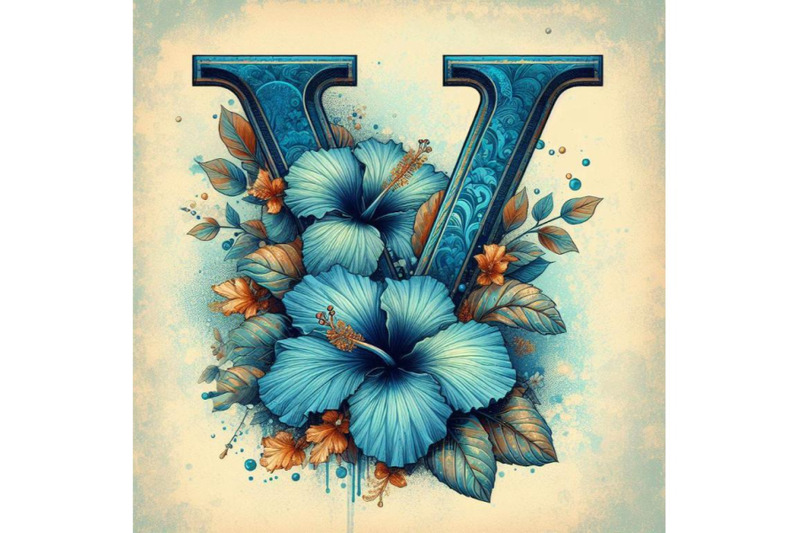 4-blue-hibiscus-grunge-vintage-alphabet-v