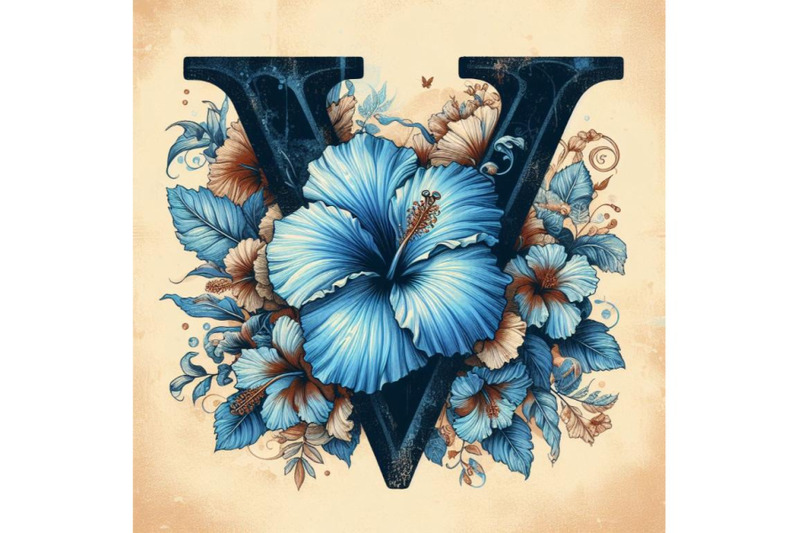 4-blue-hibiscus-grunge-vintage-alphabet-v