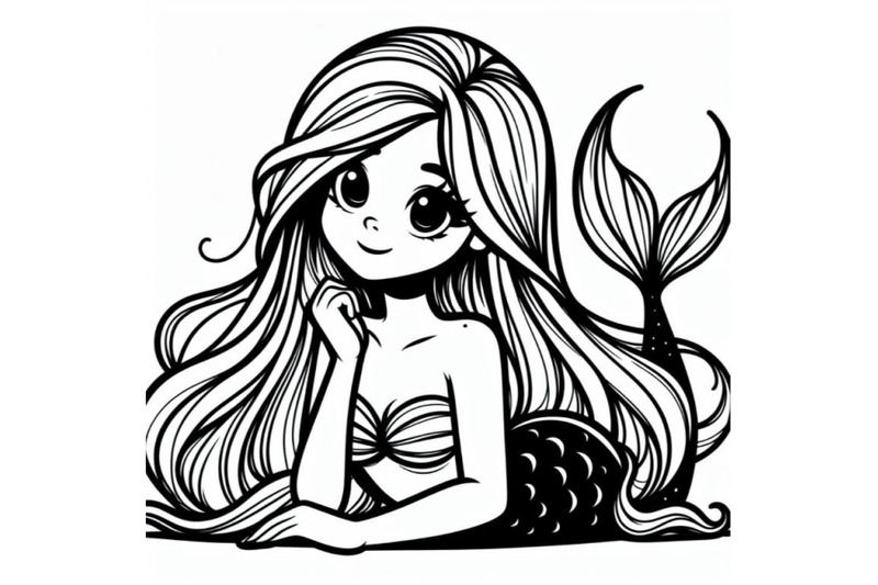 4-line-art-beautiful-mermaid-girl-with-long-hair