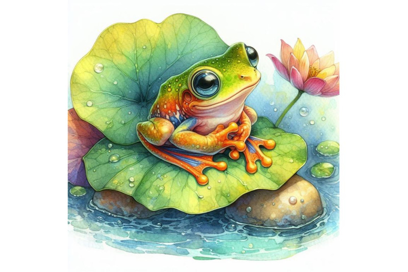 4-watercolor-illustration-of-cute-frog-setting-on-a-water-leaf-colorf