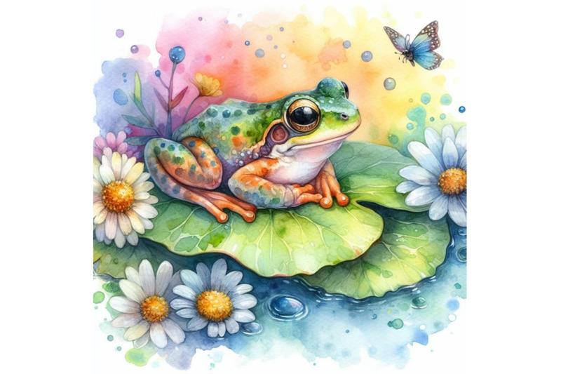 4-watercolor-illustration-of-cute-frog-setting-on-a-water-leaf-colorf