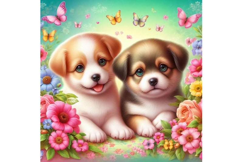 4-two-puppies-and-beautiful-flowers