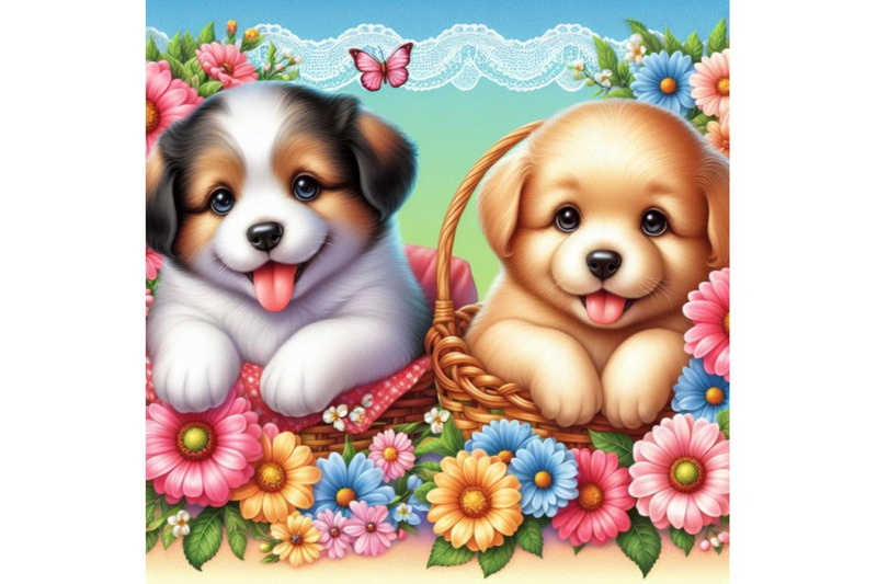 4-two-puppies-and-beautiful-flowers