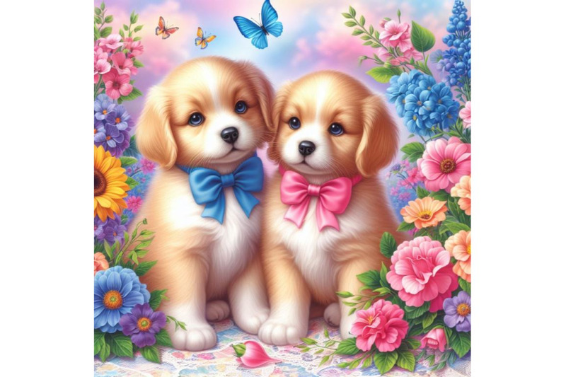 4-two-puppies-and-beautiful-flowers