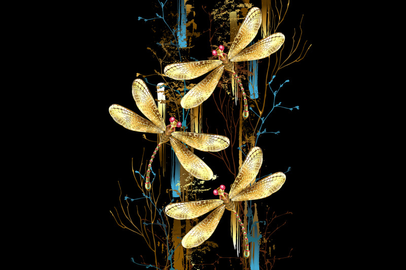 three-golden-dragonflies