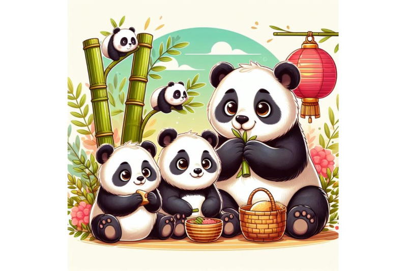 4-pandas-asia-cute-panda-family-and-bamboo