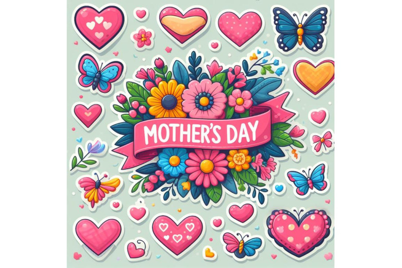 4-stickers-mothers-day-banner-with-hearts-flowers-and-butterflies