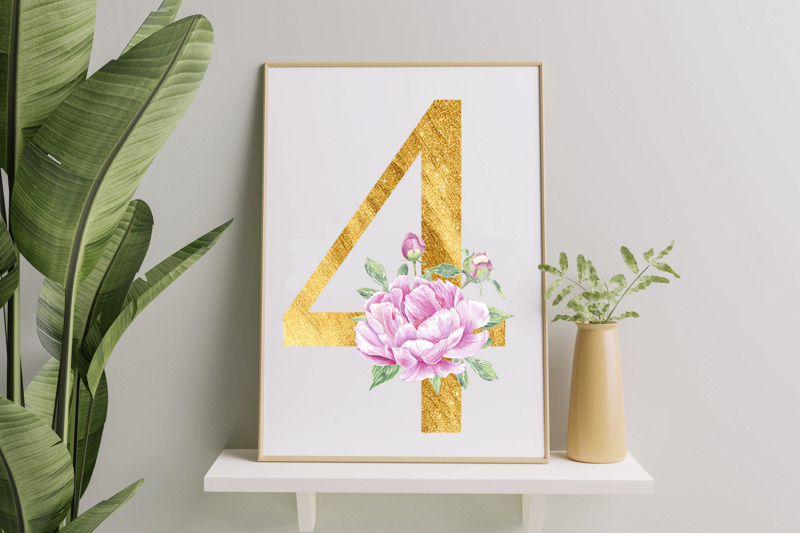 numbers-flower-gold-peony-rose-watercolor-clipart