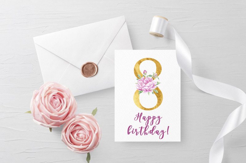 numbers-flower-gold-peony-rose-watercolor-clipart