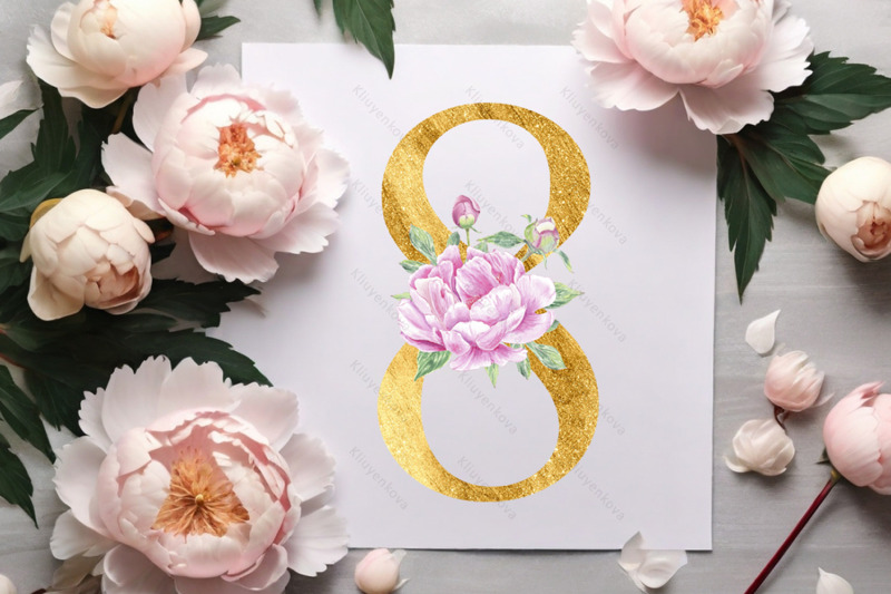 numbers-flower-gold-peony-rose-watercolor-clipart