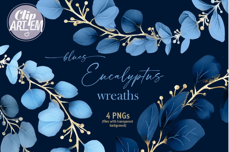 blue-eucalyptus-greenery-gold-wreaths-4-png-watercolor-clip-ar-set