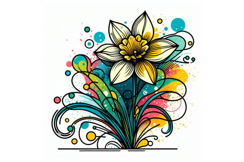 4-abstract-line-art-of-daffodil-flower-with-color-splats