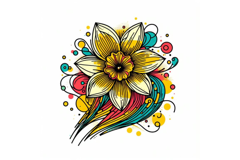 4-abstract-line-art-of-daffodil-flower-with-color-splats