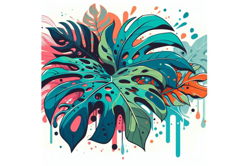 4-abstract-line-art-of-tropical-monstera-with-color-splats