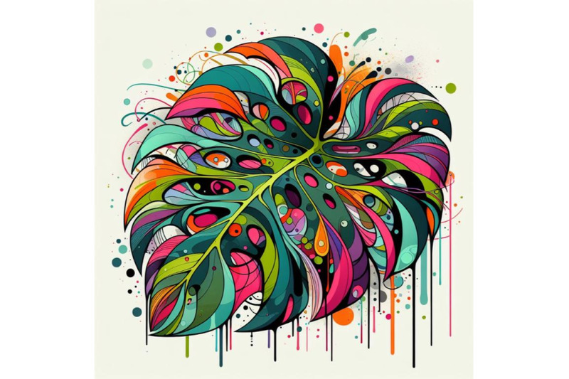 4-abstract-line-art-of-tropical-monstera-with-color-splats