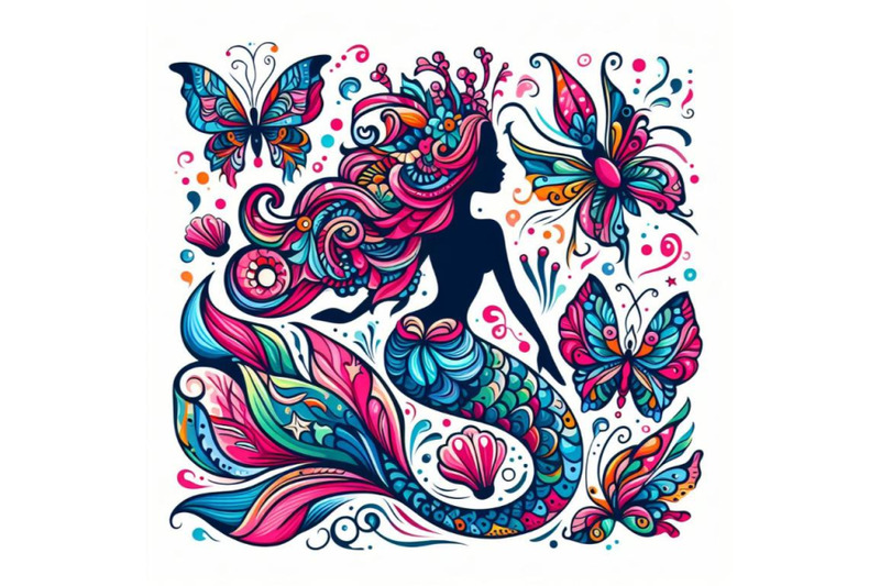 4-colorful-illustration-with-patterned-rear-mermaid-and-butterflies