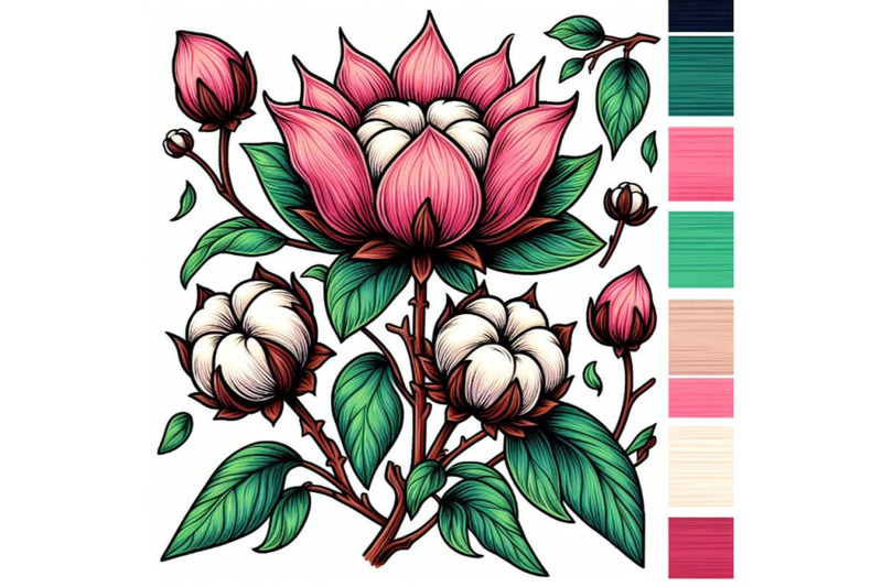 4-colorful-line-art-decoration-of-cotton-flower-with-leaves