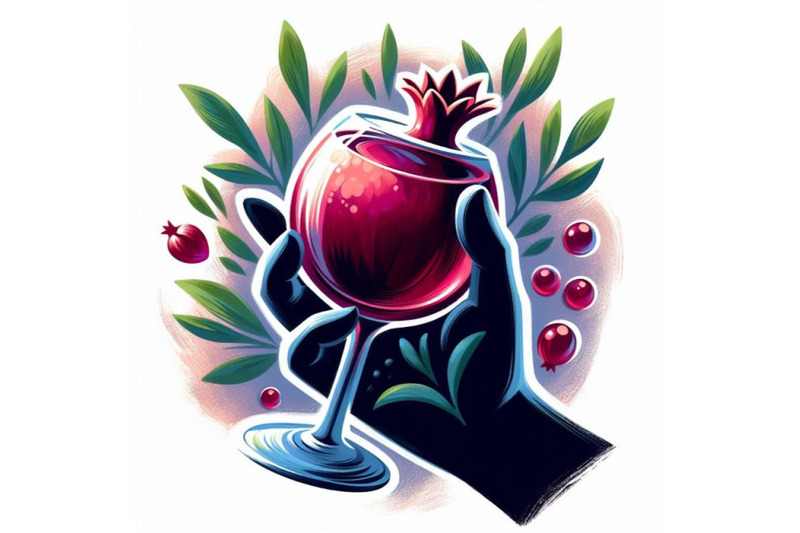 4-illustration-of-glass-of-wine-in-hand-pomegranate-fruit-with-leave