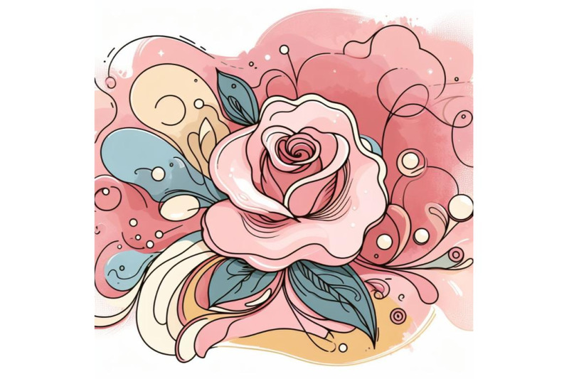 4-illustration-of-a-pink-rose-line-art-and-pastel-abstract-background