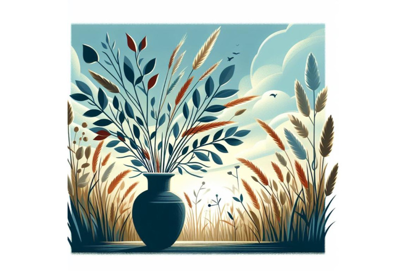 4-illustration-of-field-grass-and-branch-with-leaves-in-a-vase