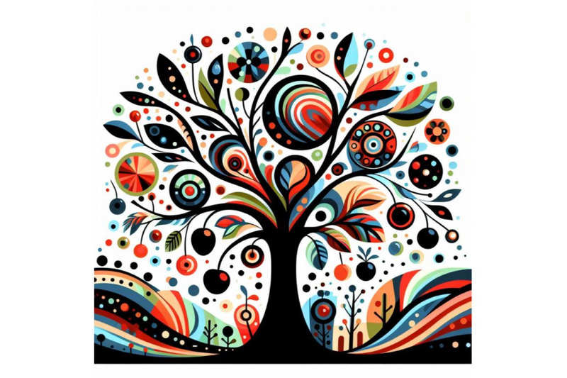 4-illustration-of-tree-silhouette-with-colorful-abstract-fruit-and-lea