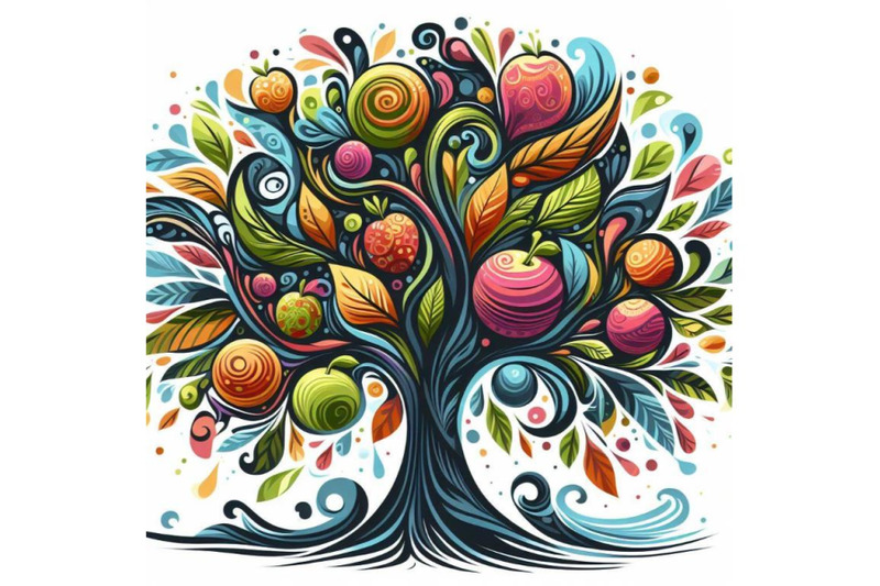 4-illustration-of-tree-silhouette-with-colorful-abstract-fruit-and-lea