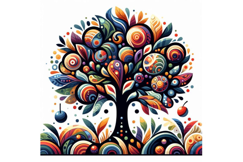 4-illustration-of-tree-silhouette-with-colorful-abstract-fruit-and-lea